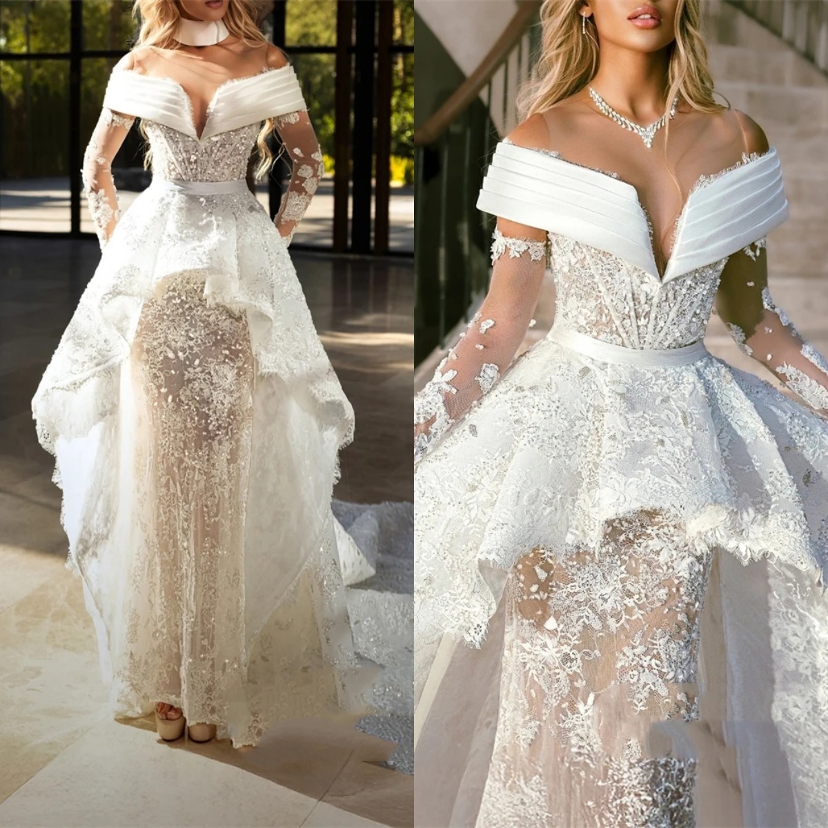 Designer Mermaid Wedding Dress Sheer Neck Off Shoulder Sleeveless Bridal Gowns Lace Appliques Detachable Train Dresses Custom Made vestidos de novia