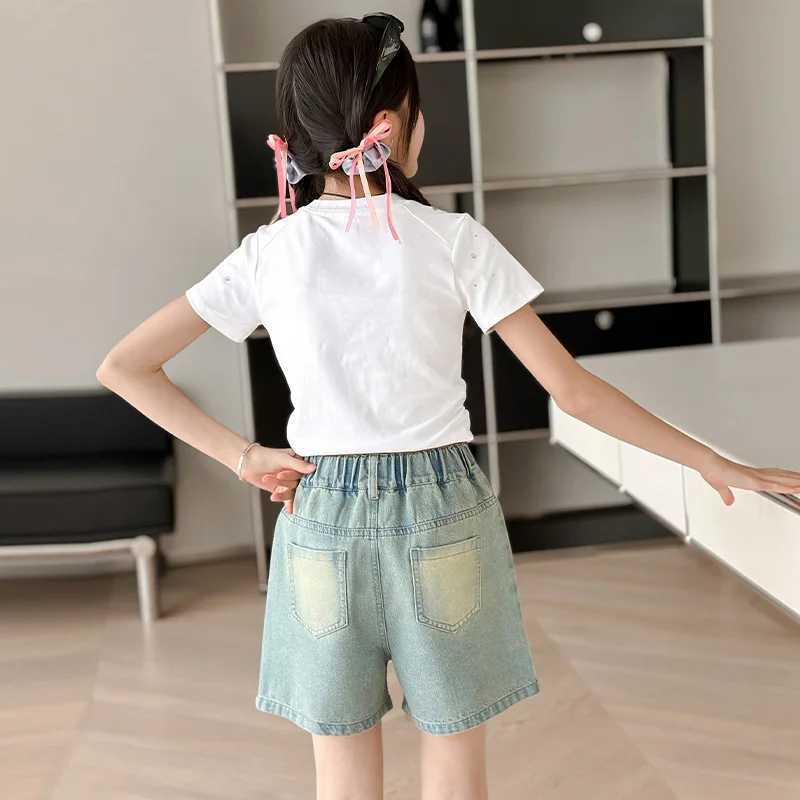 Girls summer versatile front pocket folding shorts 2025 new summer thin fashion jeans casual sports shorts 5-15 years oldC250617