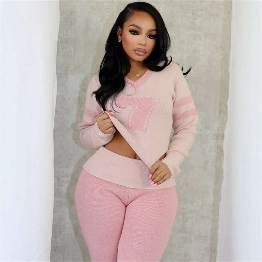 New Color-Block Fashion Versatile V-Neck Solid Color Knitted Casual Long Sleeve Top And Pants Set B5