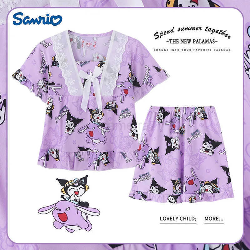 Sanrio Childrens Pajamas Short Sleeved Set Little Girl Pit Stripe Short Sleeved Shorts Kuromi Little Girl Home Clothing Summer Clot XJ250618XJ250618