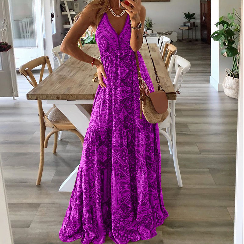 D617New bohemian style new suspender long skirt high waist V neck printed floral dress women's clothing
