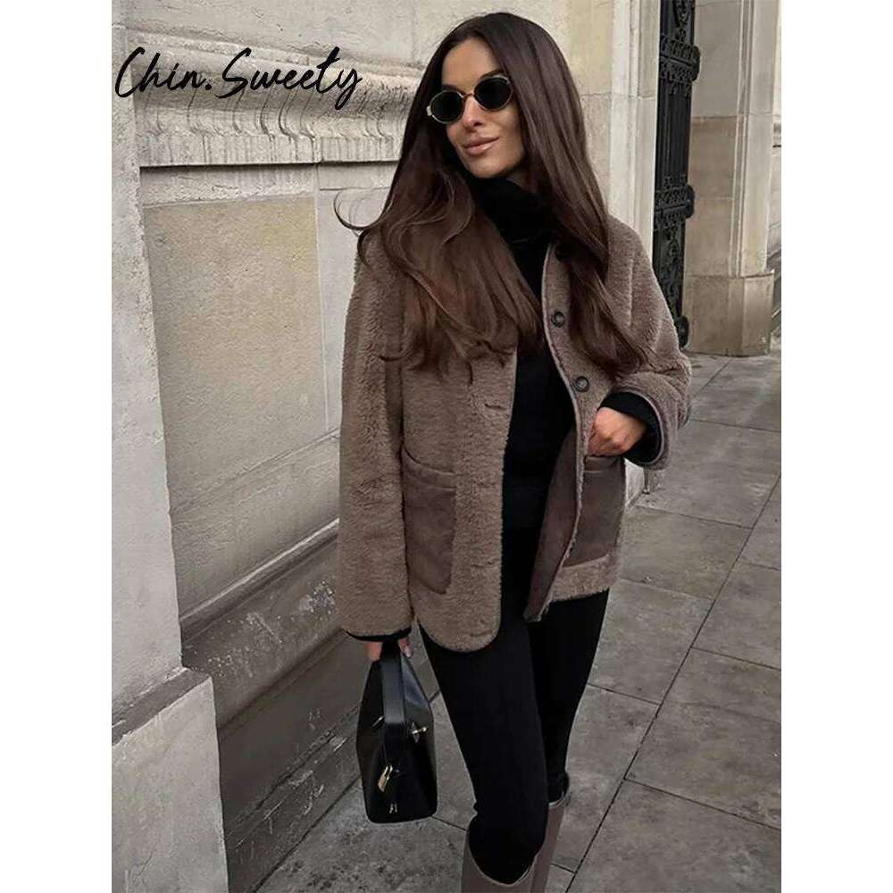 Vintage Lamb Solid Women Coat Casual Full Sleeve Single Breasted Pocket Lady Jacket 2025 Spring Autumn Patchwork Female Overcoat