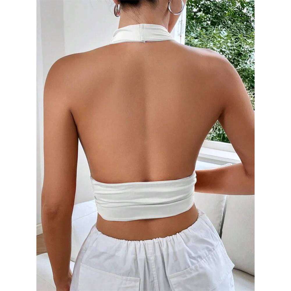 Sleeveless Backless Deep V-Neck Halter Top Women Summer 2024 Club Party Sexy Solid Color Crop Tops Streetwear Y2k Clothes