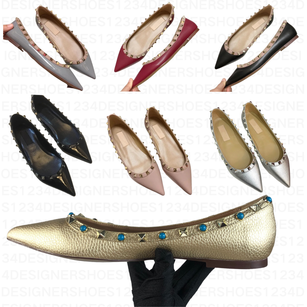 TOP Sandals Designer Rock Studed Women Dress Shoes Pointed Toe Rivet Loafers Summer Boat Woman Ballet Flat Heel Wedding Party Office Plus designer shoes women heels