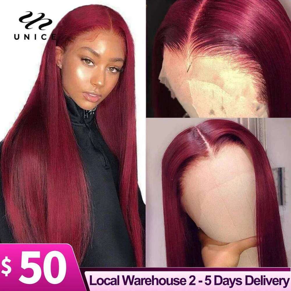 UNice 99J Straight Human Hair Pre Plucked 13x4 Frontal Bury Lace Front Wig US Free Shipping