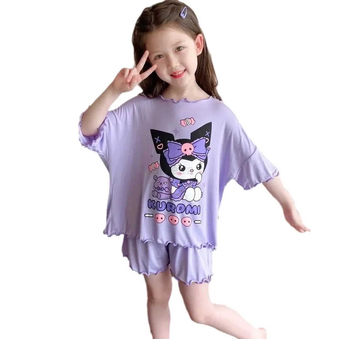 Sanrio Childrens Pajamas Girls Summer Thin Short Sleeved Cartoon Kuromi Small Medium and Tong Little Girls Baby Home Clothing Set XJ250618XJ250618
