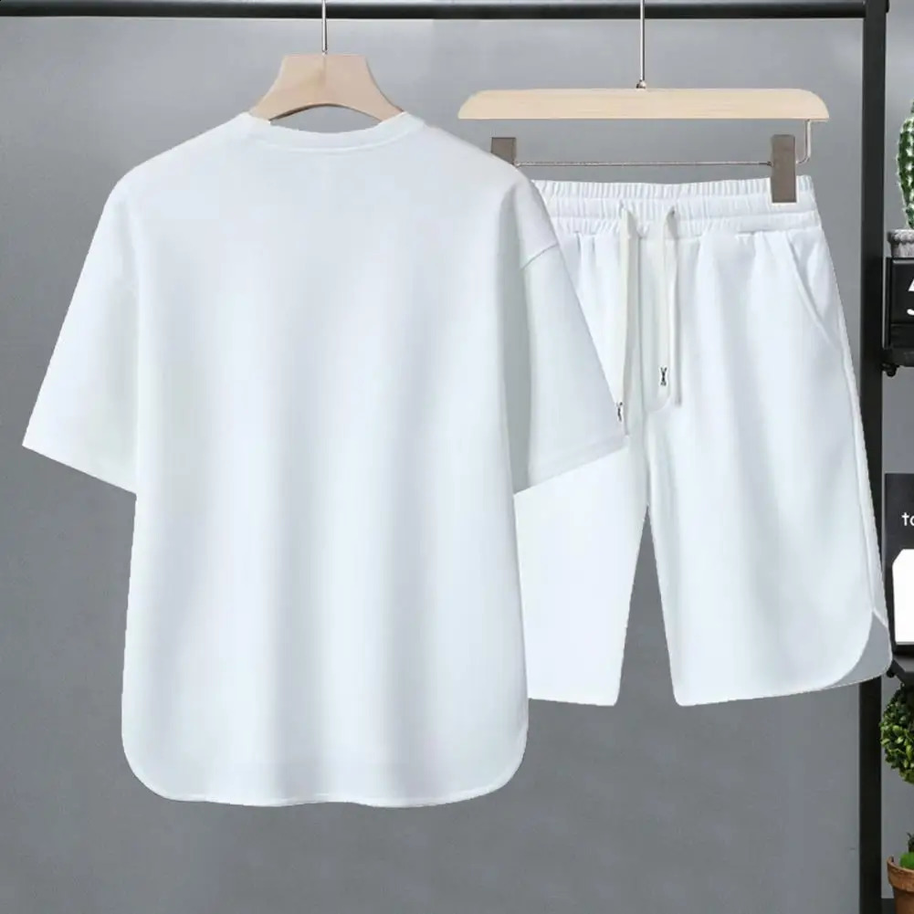 2 PcsSet Men Tshirt Shorts Set Round Neck Short Sleeves Drawstring Elastic Waist Ice Silk Sport Top Sportswear 250614