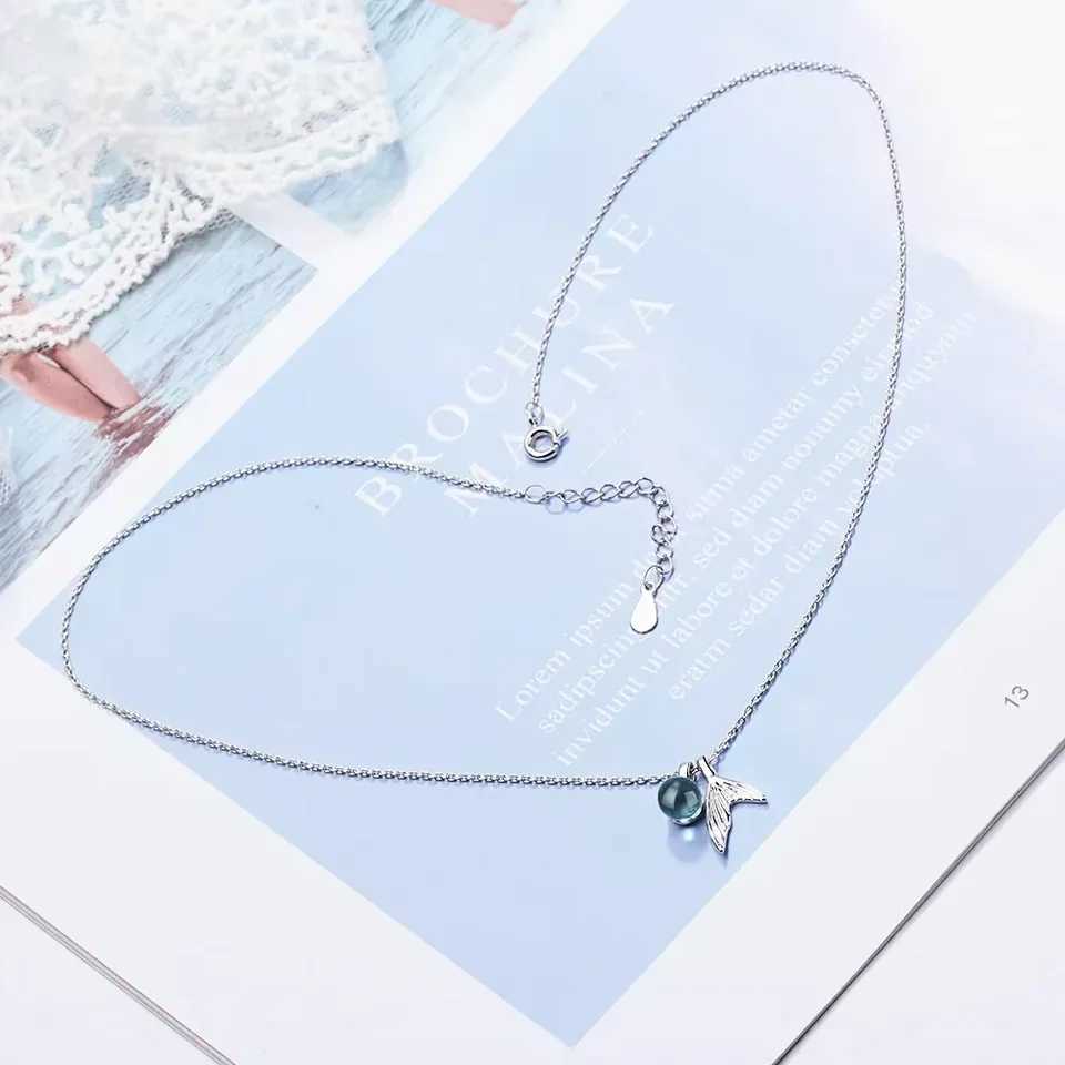 S925 Sterling Silver Womens Sapphire Bead Mermaid Tail Pendant Necklace (40cm+3.5cm) Luxury Jewelry W250618