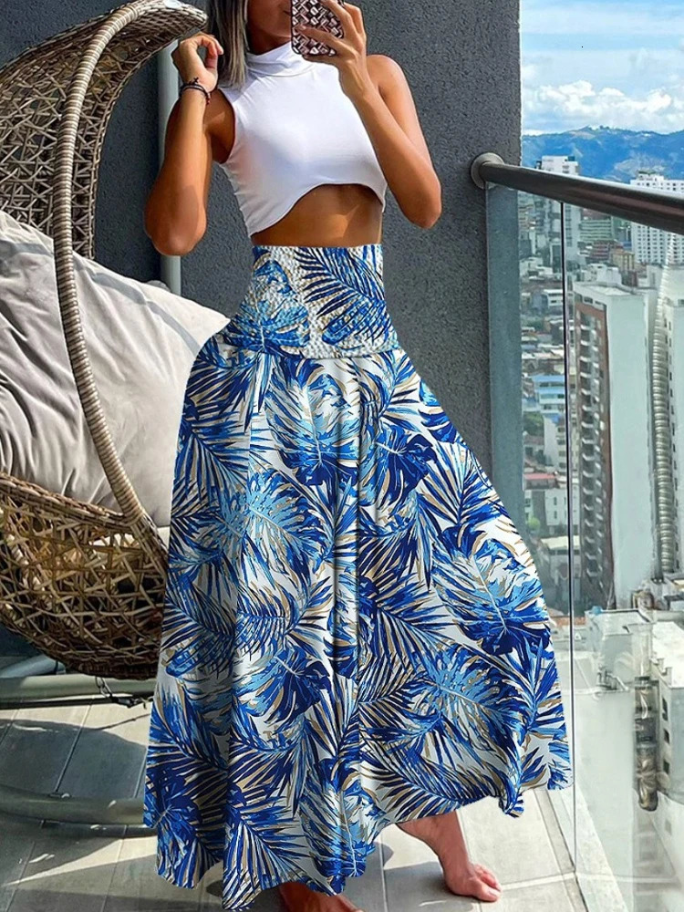 Boho Print Skirts For Women Summer Casual Elastic High Waist Aline Big Swing Long Dress Vacation Beach Party Skirt Robe 250617