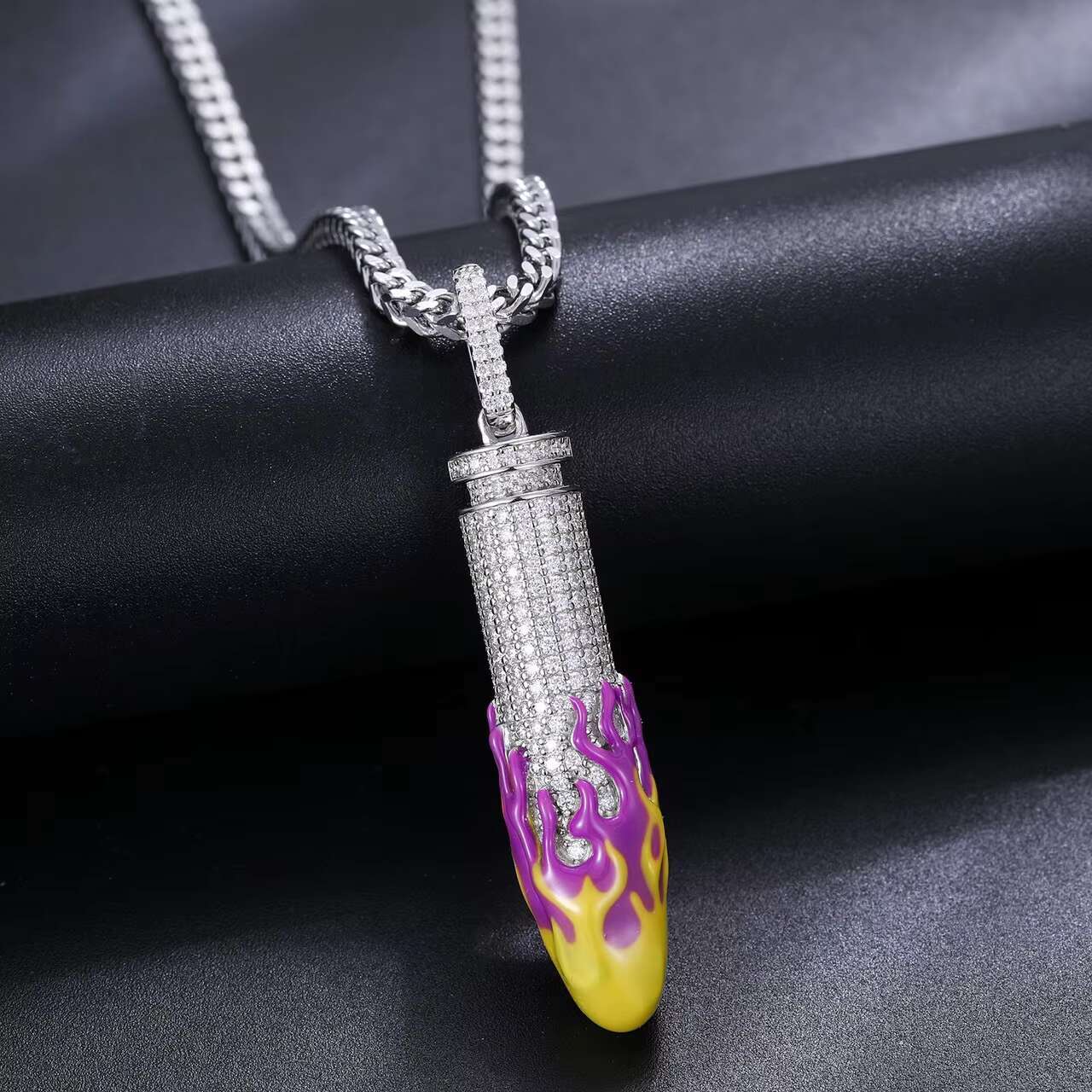 Hot Selling Stylish Hip Hop Style 925 Silver Iced VVS Moissanite Diamond Pendant Necklace Glow Dark Bullet Design Necklace