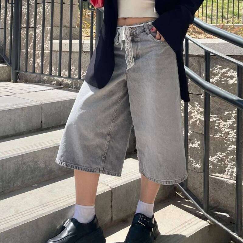 Wear Women Bermuda Denim Shorts Boyfriend Baggy Calf Length Pants Y2k Aesthetic Wide Leg Carpenter Jean American Retro Streetwear