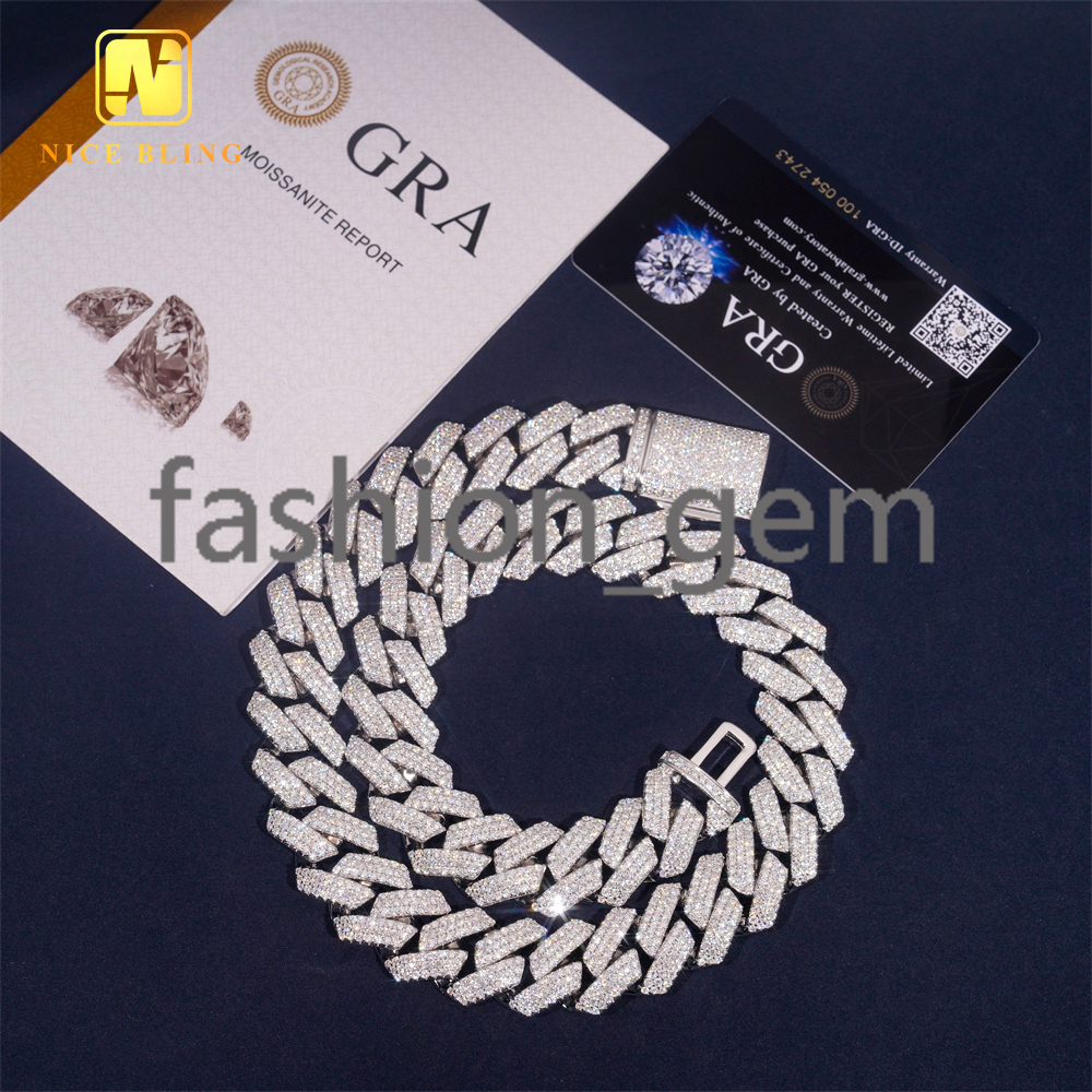 Fancy Design Fashion Hip Hop Jewelry 18mm 925 Sterling Silver Iced Out VVS Moissanite Diamond Cuban Link Chain Bracelet Necklace