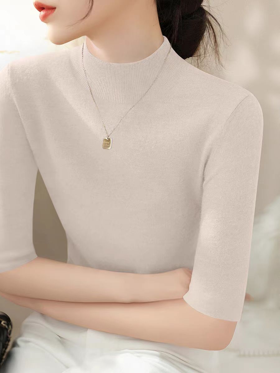 Spring and Autumn Women's T-shirt simple French temperament solid color five-quarter sleeve bottoming shirt