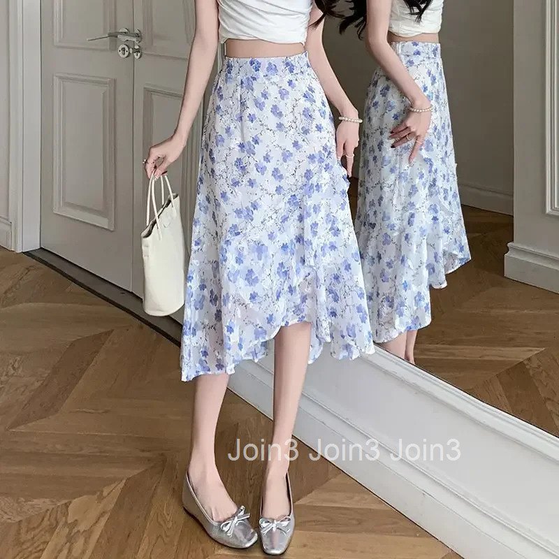 Woman Skirt Ruffle Floral Chiffon Midi Korean Style Clothing Trend 2025 Vintage Sales V Y2k Cheap Modest Summer Skirts for Women