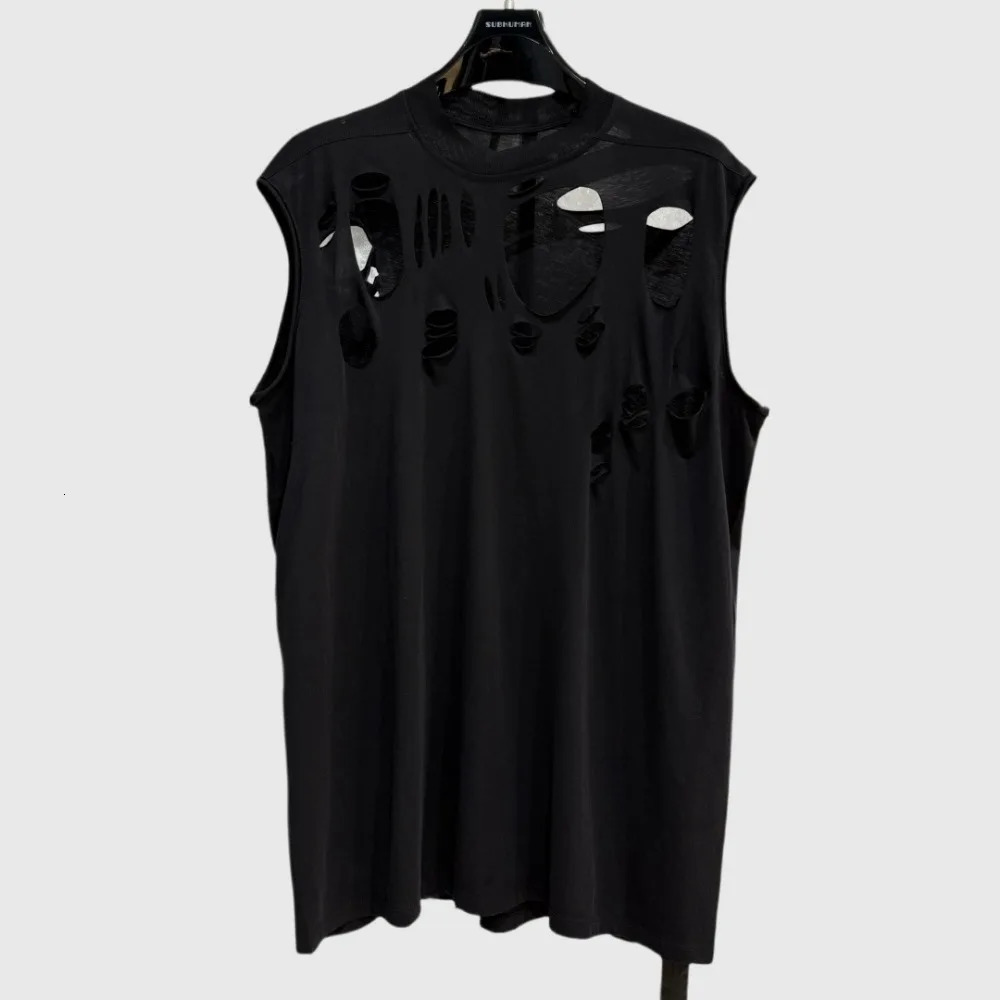 High Street Dark Ro Tees T-shirt Mens Cotton Sleeveless Hollowed Out Perforated Personalized Trendy Tanks Oversized T Shirt 250617