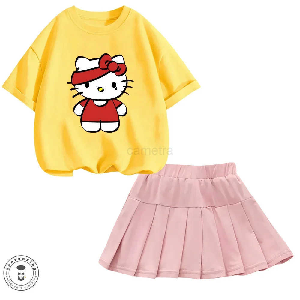 Sanrio Sanrio Hello Kitty Girl Cartoon Cute T-shirt Short Skirt Short Sleeve My Melody Summer Childrens Pleated Skirt Jk SuitXJ250618