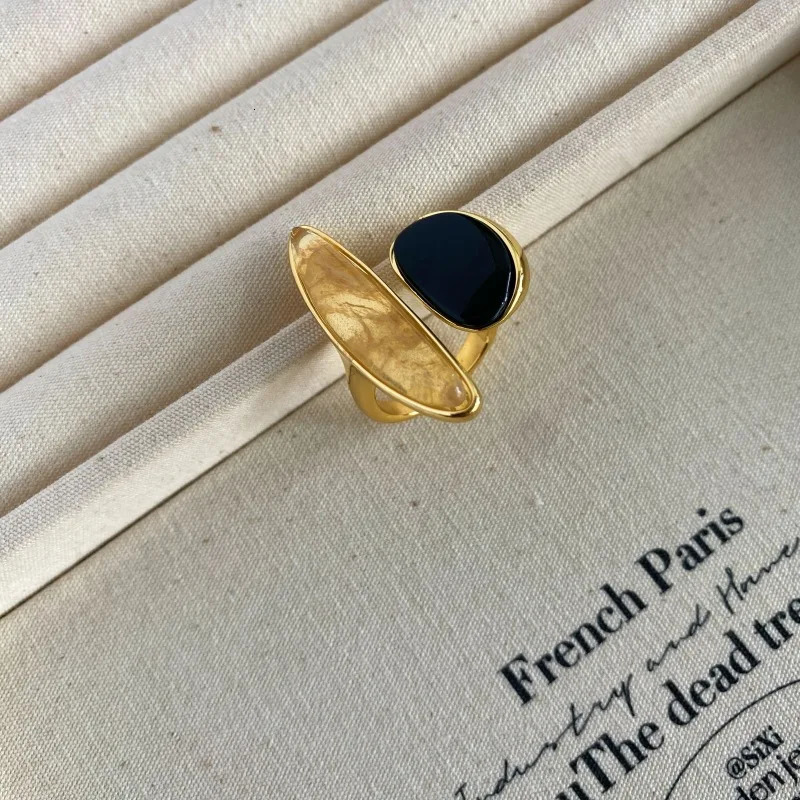 Natural black agate asymmetrical irregular French vintage open rings finger accessory 250618