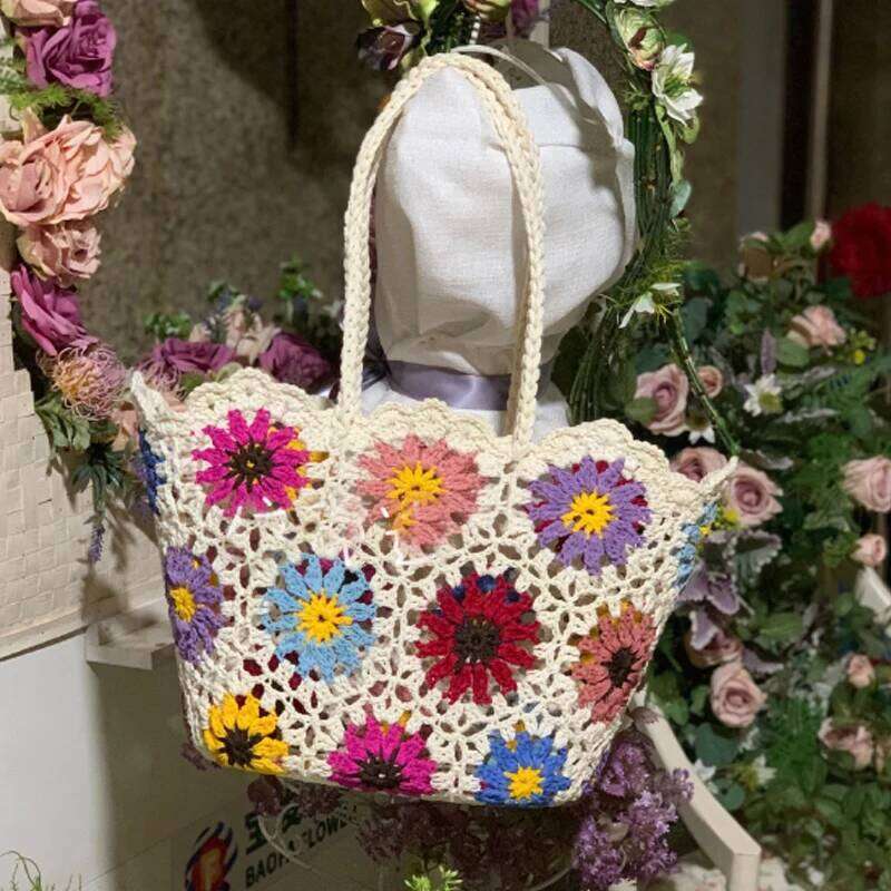 Fashion Vintage Flowers Handmade Knitting Crochet Shoulder Knitted Handbags Tote Women Designer Female Hand Bag