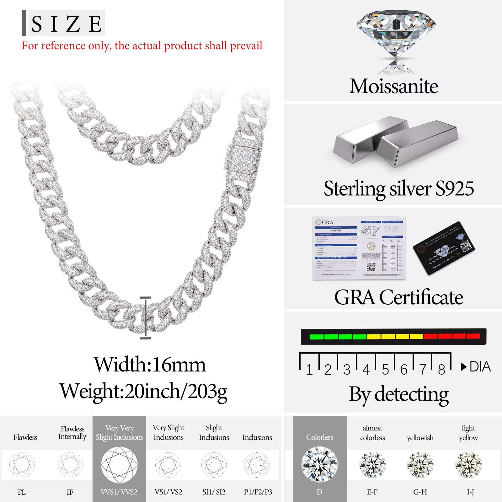 Mossanite Hip Hop Jewelry 16mm 925 Sterling Silver VVS Moissanite Diamond Iced Out Cuban Link Chain Necklace for Men