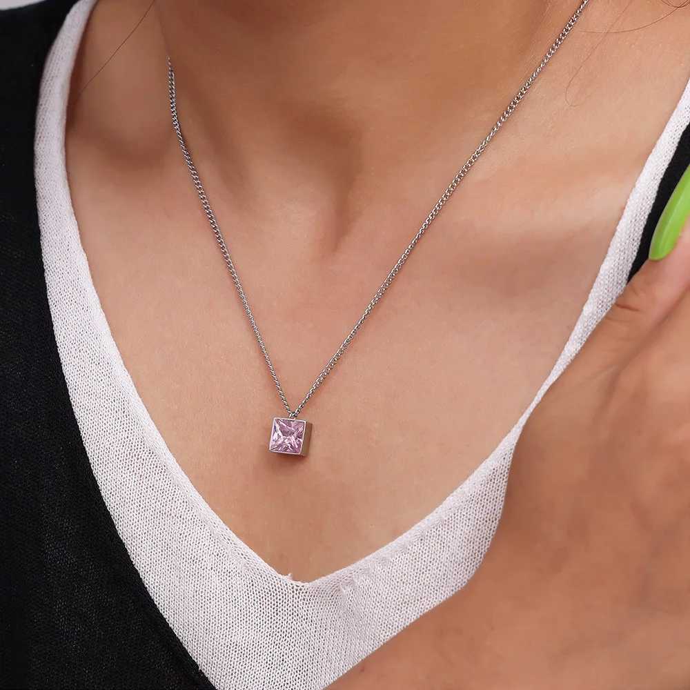 Elegant Square Pink Zircon Pendant Necklace for Women Simple Stainless Steel O Chain Waterproof Daily Jewelry Wholesale W250618