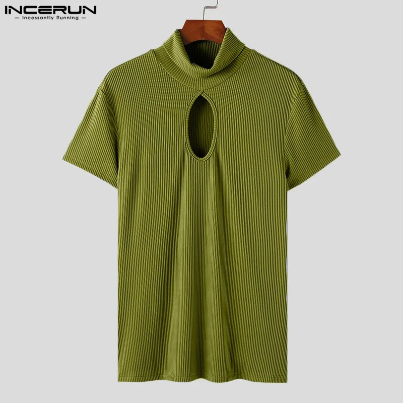 INCERUN Men T Shirt Turtleneck Short Sleeve Hollow Out Solid Color Skinny Men Clothing Streetwear Knitted Summer Tee Tops 250617