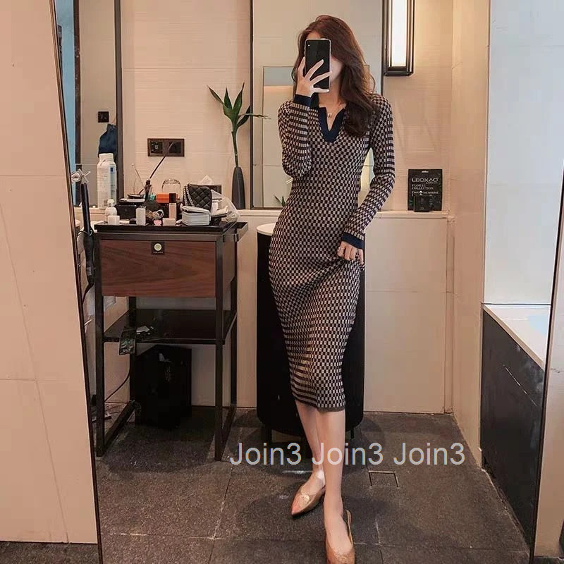 Colorblock Plaid Crochet Woman Dress Bodycon Knitted Maxi Evening Robe Clothes Dresses For Women Long Cheap With Elegant Classy
