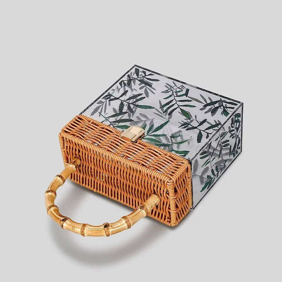 Fashion Transparent Box Women Handbags Vintage Rattan Bamboo Handle Hand Bags Handmade Summer Beach Bag Retro Party Purses 2023