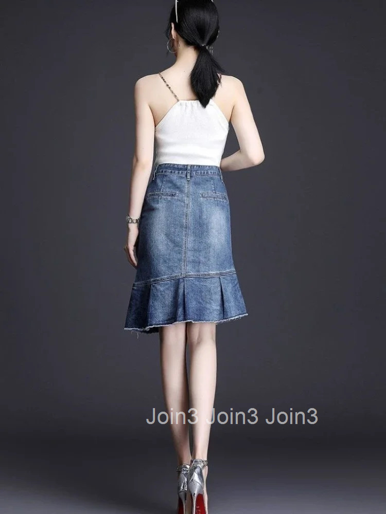 With Pocket Ruffle Womens Denim Skirt Zipper Blue Midi Chubby To Knees Length Female Jeans Skirts High Waist Y2k Vintage Cheap