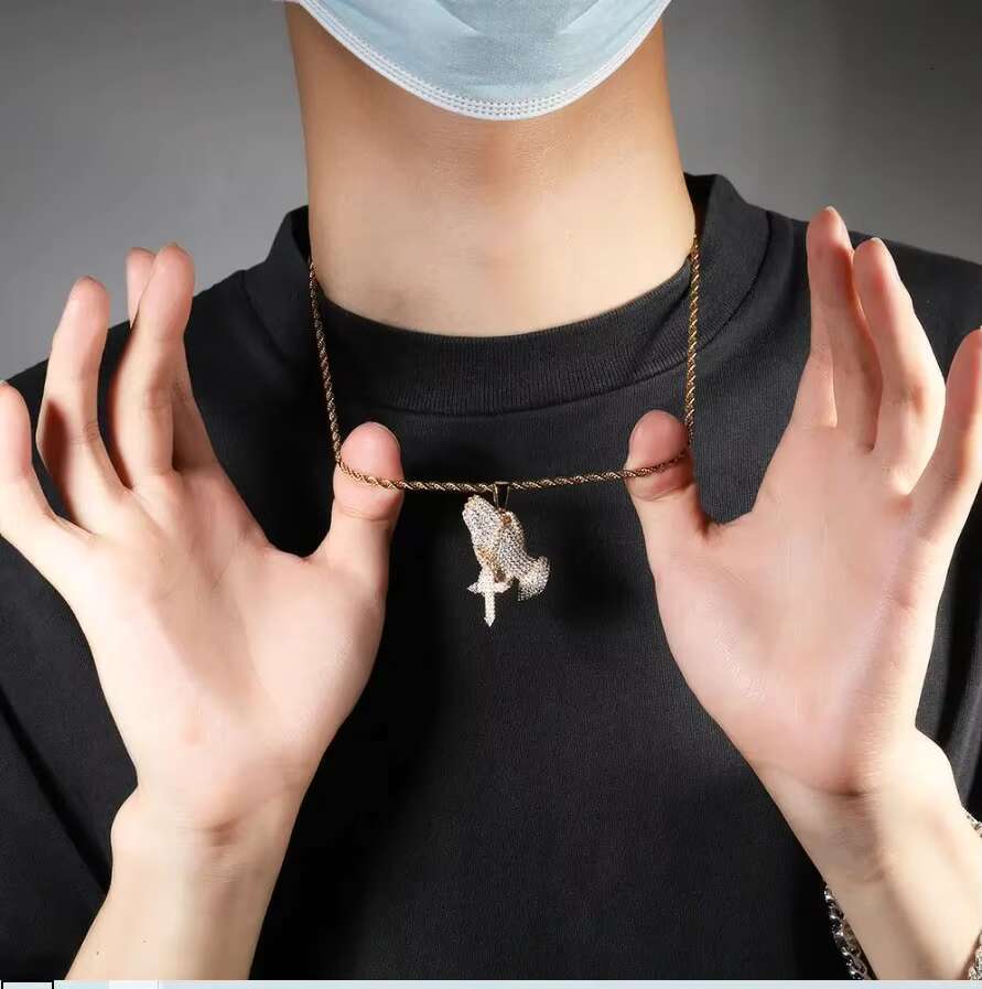 Mens Trendy 14K Gold Plated Moissanite Diamond Pendant Necklace Hip Hop Style with Praying Hands Design Fashion Jewelry
