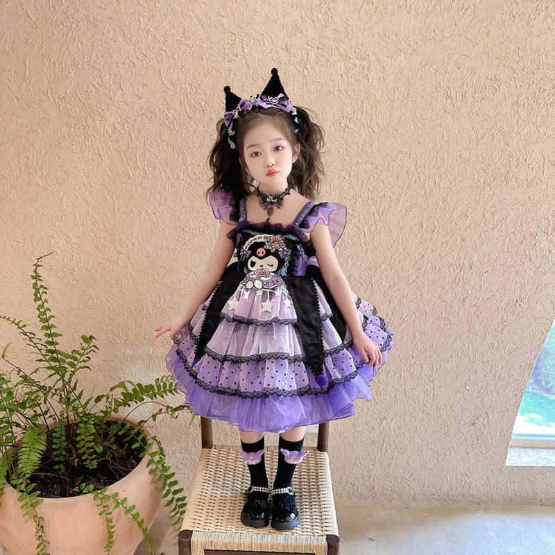 Sanrio Girls Kuromi Lolita Dress Princess Skirt Spring Summer Slip Dress Headband Wings Necklace Children Party Dress Cosplay CostumeXJ250618