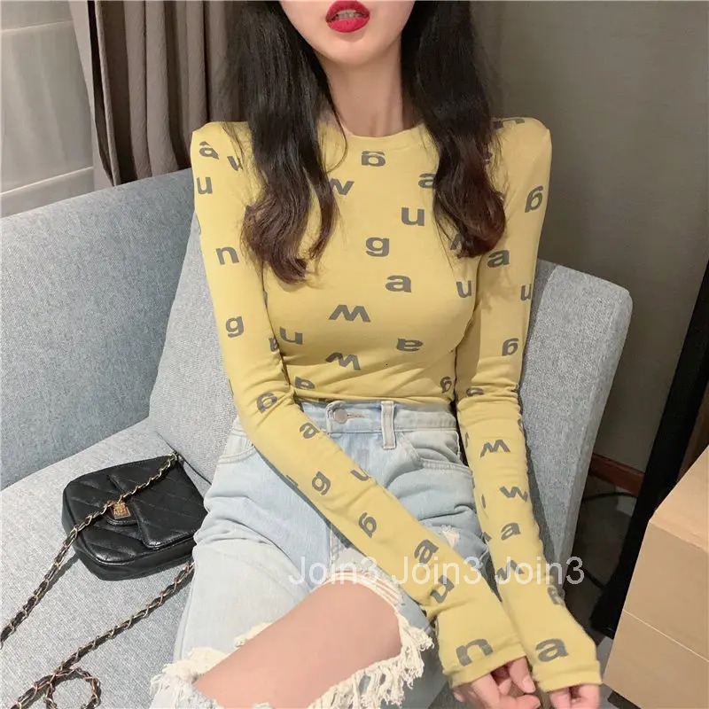 Yellow Tshirts Mesh 2025 Skinny with Print Clothes Tees Female Tops Womens T Shirts Aesthetic Elegant and Youth Long Sleeve Alt