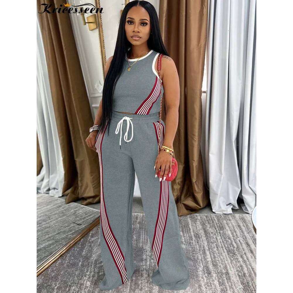 Wear Kricesseen Casual Striped Crop Top And Jogger 2 Piece Outfits Summer Women Tracksuits Set Workout Overalls Sportywear