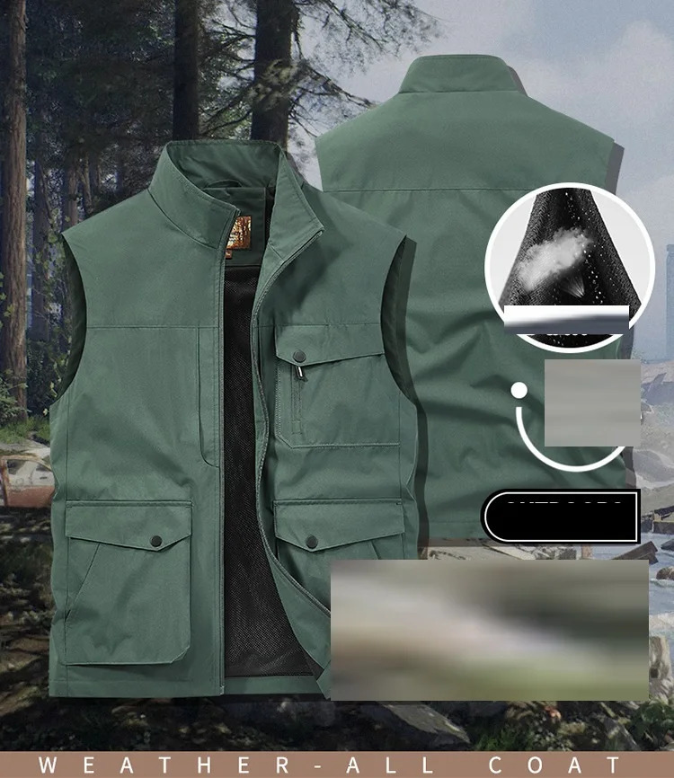 Mens Thin Tooling Loose Quick Drying Vest Mens Outdoor Sports Coat Multi Pocket Stand Collar Vest Spring Camping Fishing Vest 250617