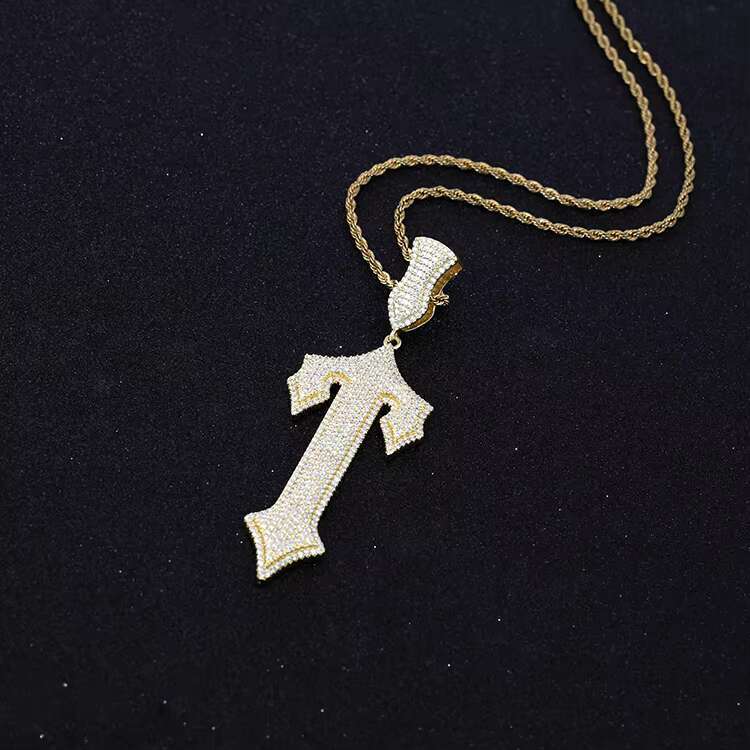 Popular Fashion Cross Pendant D/VVS Round Moissanite Sterling Silver Gold Plated Pendant Hip Hop Men Cross Pendant