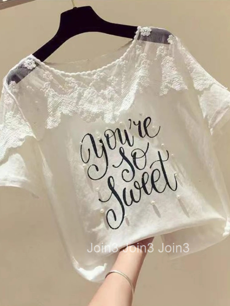 T Shirt for Women Baggy Short Sleeve Summer Outfit Graphic Tops Woman Mesh Lace Basic Youthful Clothes Clothing Pulovers Kpop