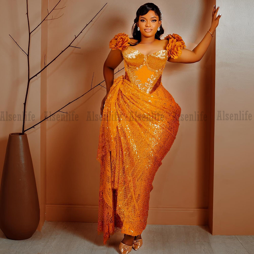 Orange Mermaid Evening Dresses Off Shoulder Lace Beading Long Mermaid Prom Gowns Aso Ebi Party Dress Customized
