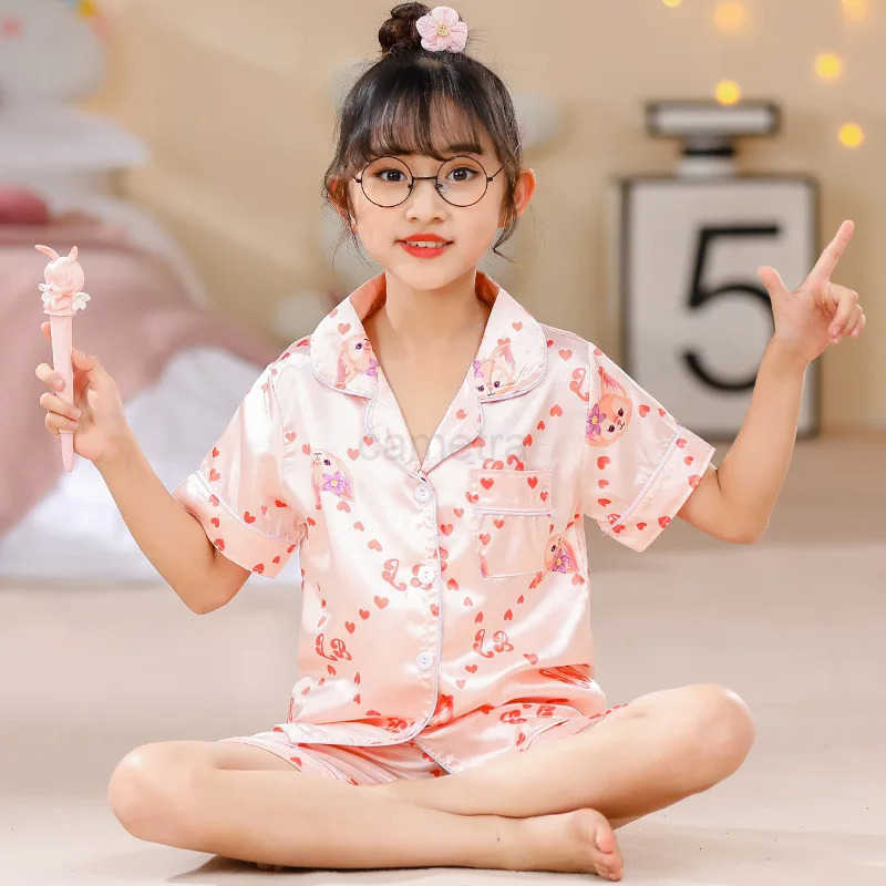 PJ Girl Ice Silk Short Sleeve Cardigan Sweet Cute Cartoon Sleepwear Pajamas Robe Childrens Clothing Mother Kids XJ250618XJ250618
