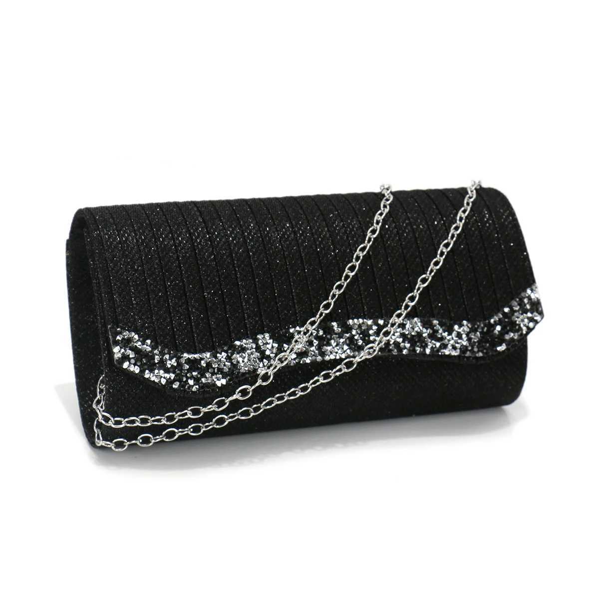 Black Color Rhinestones Women Evening Bags Sequins Glitter Clutch Bags Ruched Design Ladies Purse Z250618
