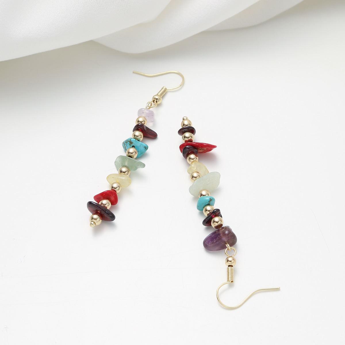 Creative Irregular Personality Inlaid Colorful Natural Stone Studs Versatile Beaded Drop Earrings