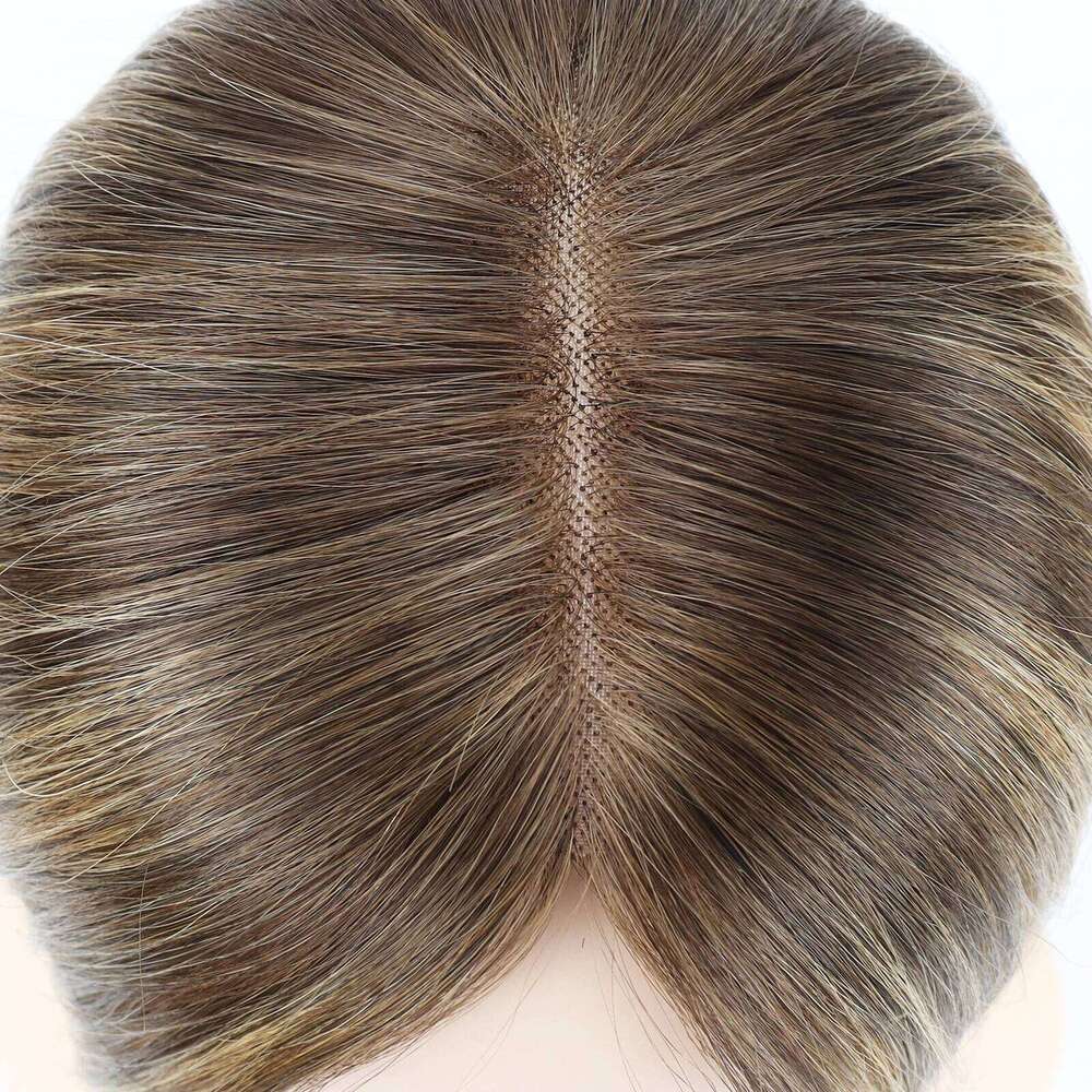 9.5X9.5cm Mono Base Topper for Women Real Remy Brazilian Human Hairpieces with Clips in 12" Ombre Highlight Summer Breathable