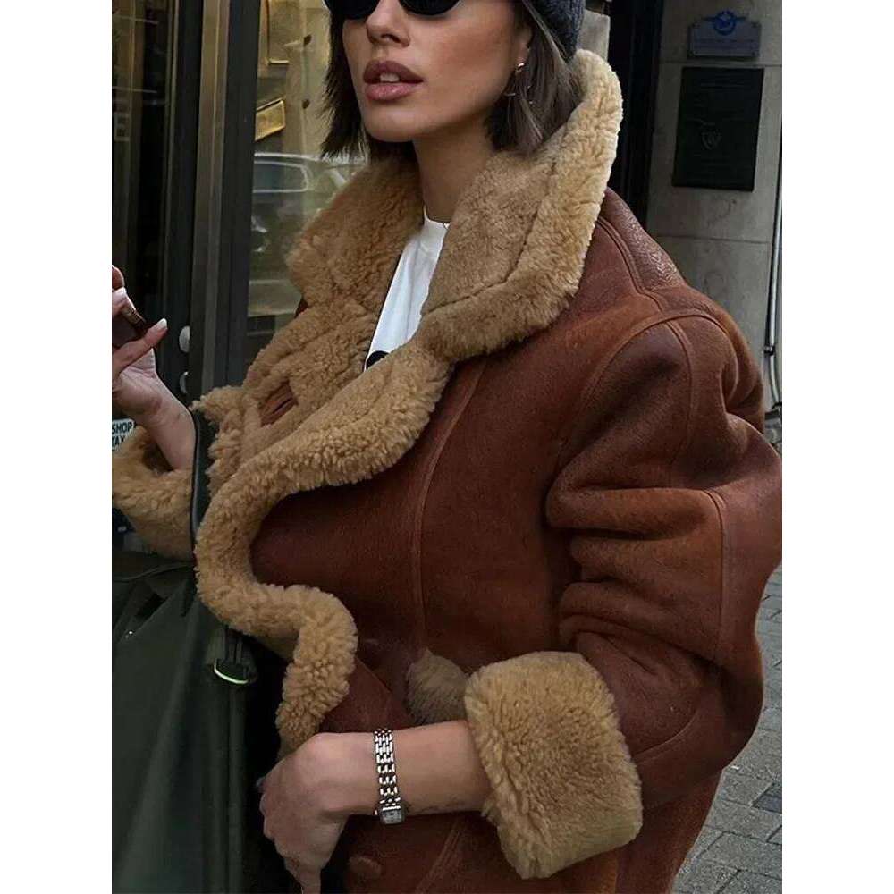 Fur One-Piece Coat Lamb Wool Leather Thickened Warm Patchwork Maillard Vintage Motorcycle Jacket Women Overcoat Outwear