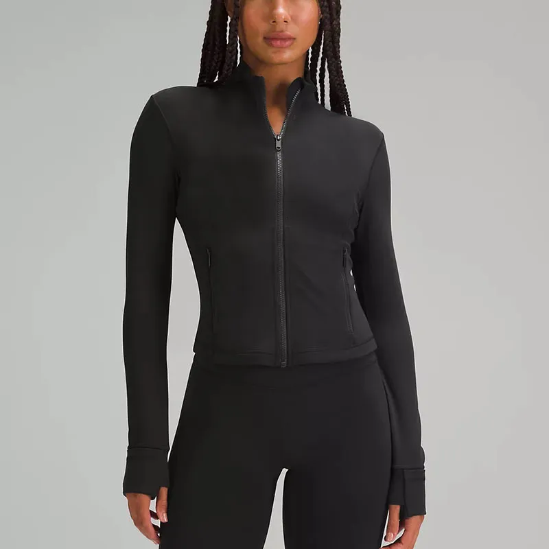 Cropped Gold Zipper Yoga Jacket Stand Up Collar Yogo Clothes Long-Sleeve Thumb Hole Training Running Sweateshirt Women Slim Fitness Coat Sports Outfit