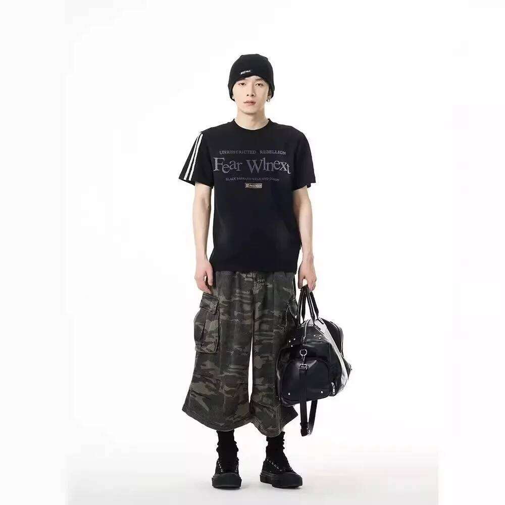 Wear Vintage Camouflage Work Jeans Men's Loose Fit Summer Trendy Straight Wide Leg Seven Point Pants Casual Streetwear