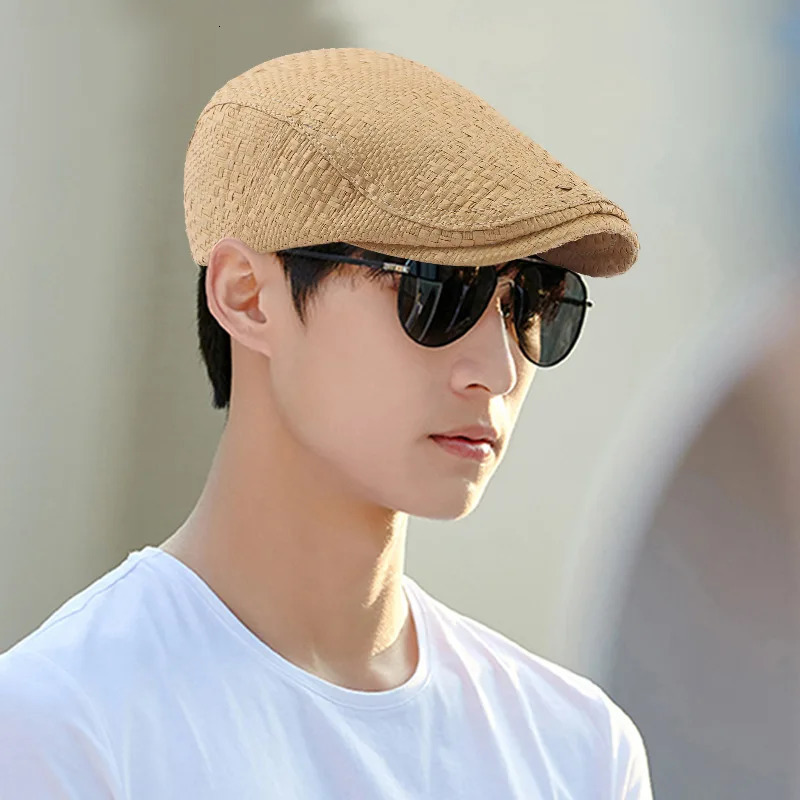 Beret Spring Summer Straw Sun Cap Hat Men Women Breathable Flat Beret Cap Male Female Adjustable Artist Painter Beret Hat 250604
