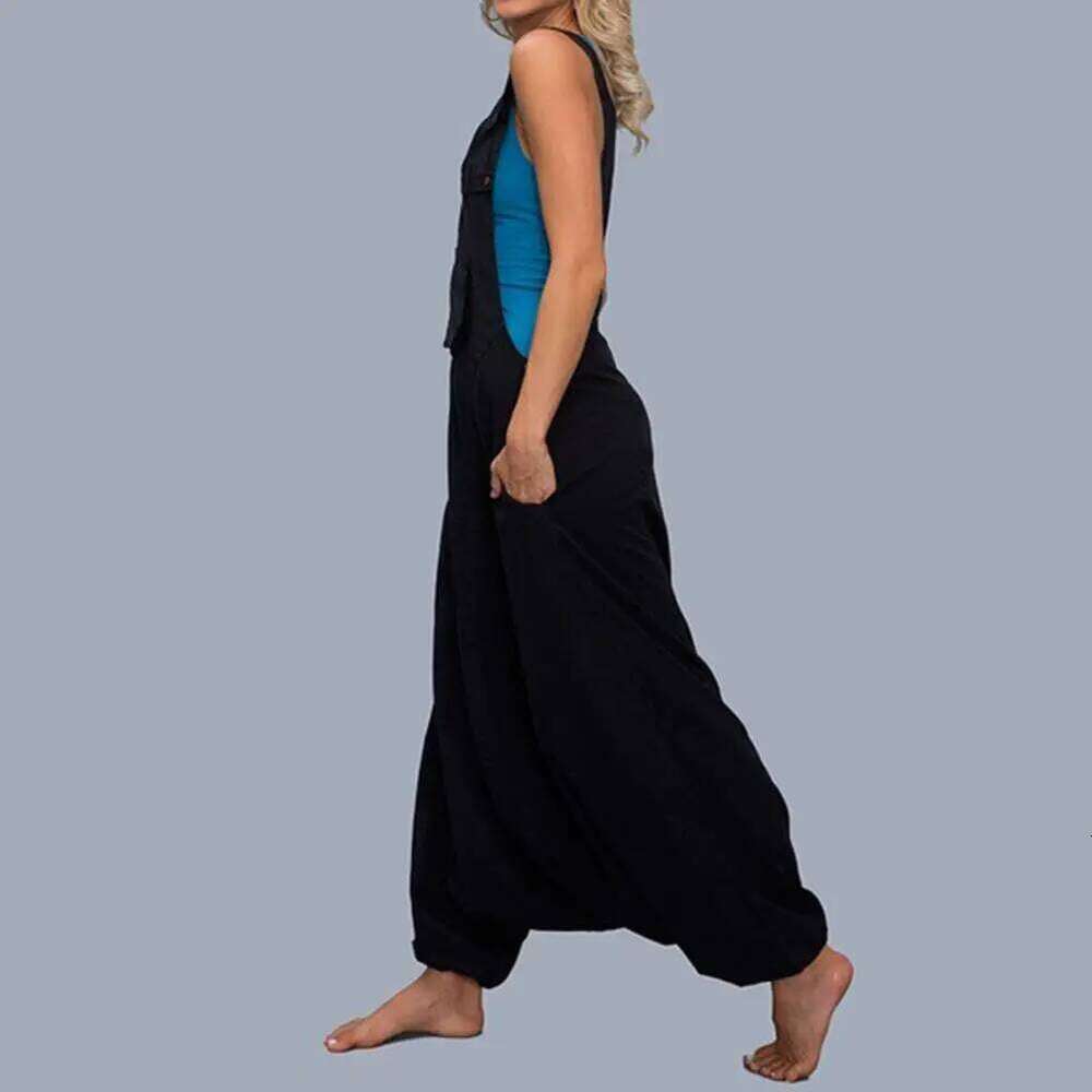 Wear Solid Color Buttons Special Loose Type Sleeveless Jumpsuit Deep U Neck Individual Women Romper Female Clothes