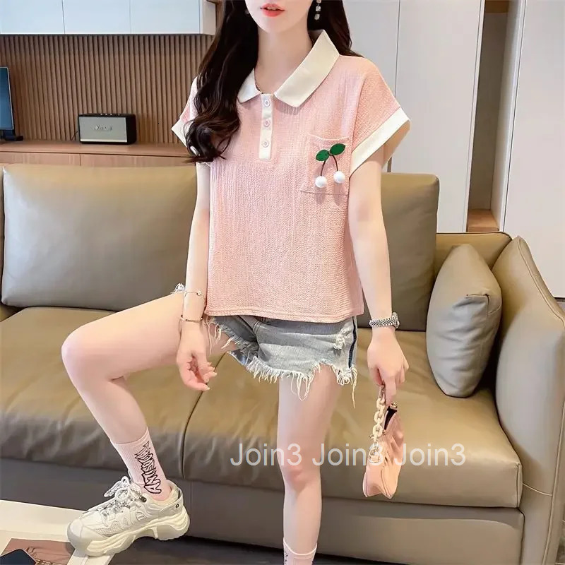 Embroidery Woman Tshirt Summer Outfit Polo Neck T Shirt for Women Clothing Sales Youthful Elegant Clothes with Collar Trend 2025