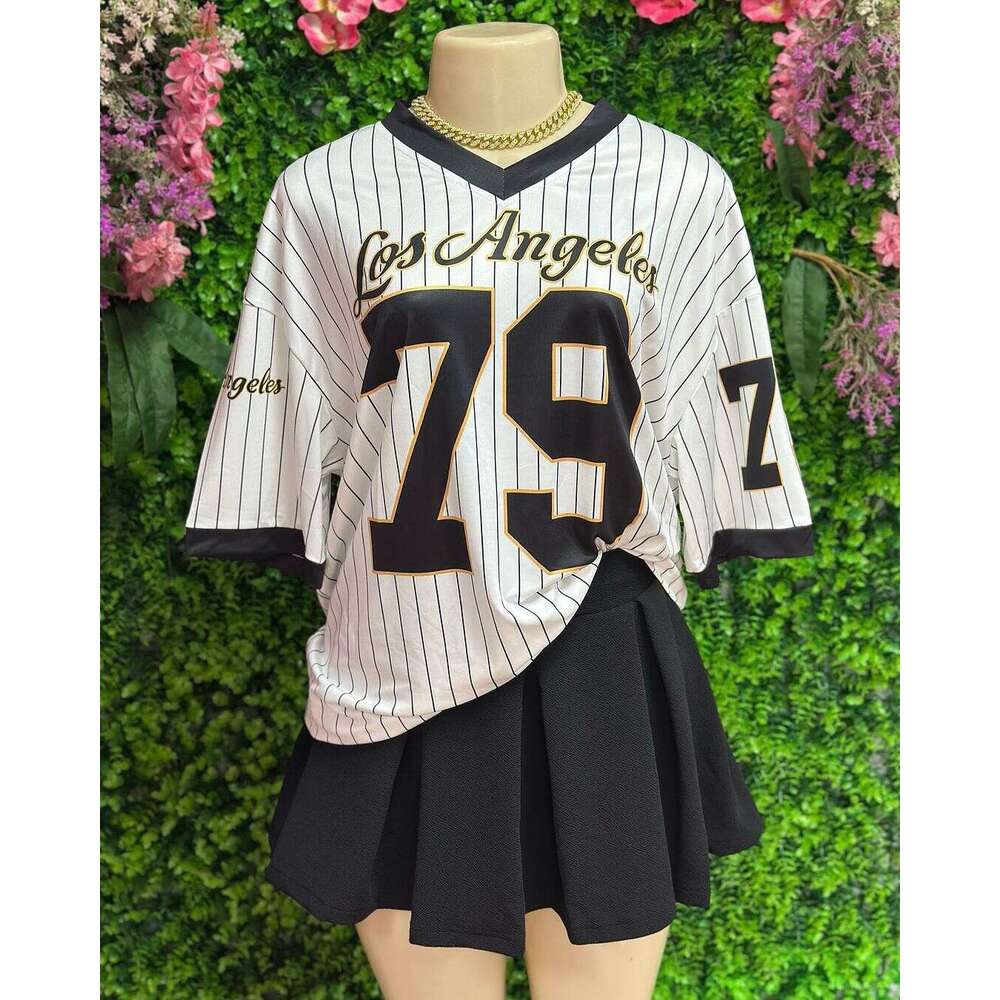 New Casual Fashion Loose Street Print Trendy V-Neck Short Sleeve Top Sports Style Striped T-Shirt B5
