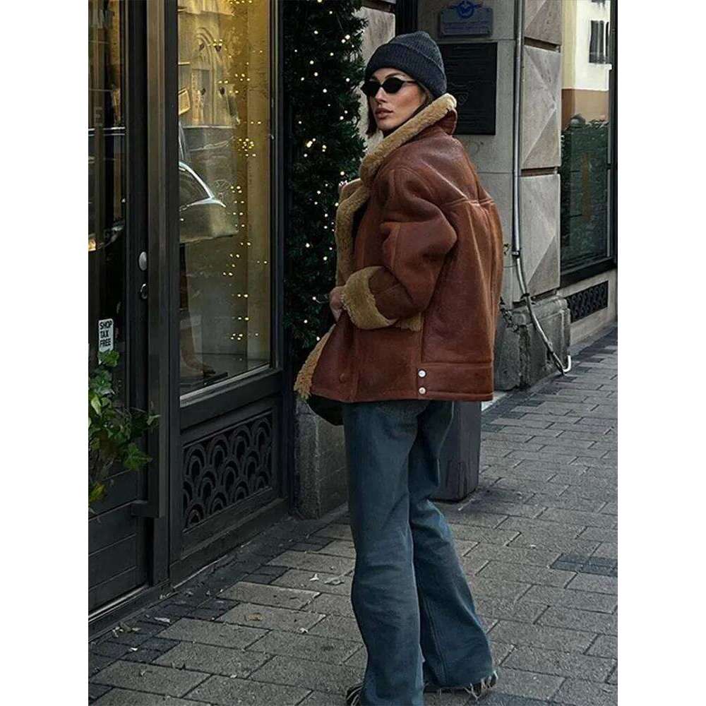 Fashion Retro Brown Women's Jacket Coat Winter Plush Lining Soft Warm Windproof Coats Casual Loose Vintage Women Outerwears