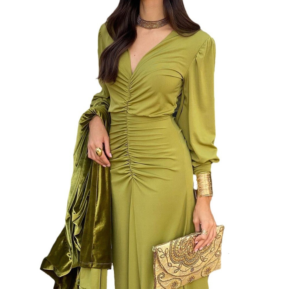 New Temu Womens V-neck Waist-cinching Elegant Dress French Style Long Dress for Women