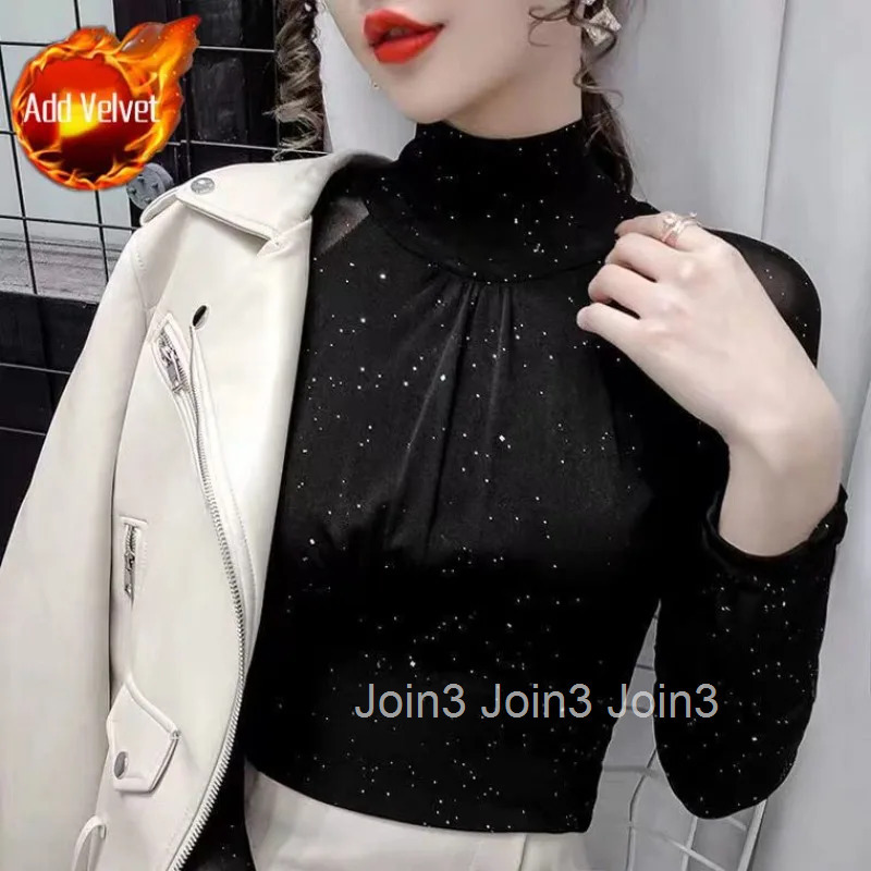 Womens T Shirts Female Tops 2025 Clothes Glitter Sequin Black Tshirts Rhinestone Mesh Novelties Kpop Korea Stylish Fitted Tees